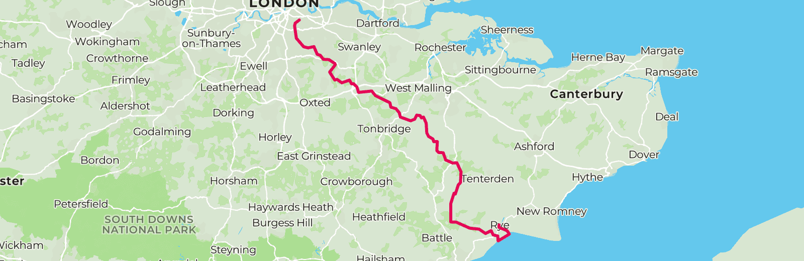 Map of Peckham Rye to Rye route