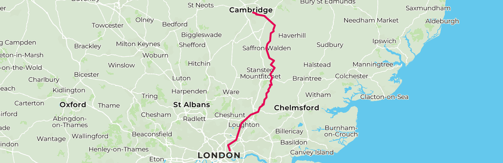 Map of London to Cambridge route